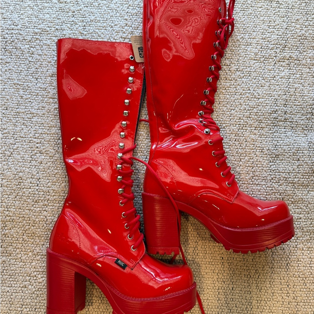 Glossy Red Lace-Up Platform Boots